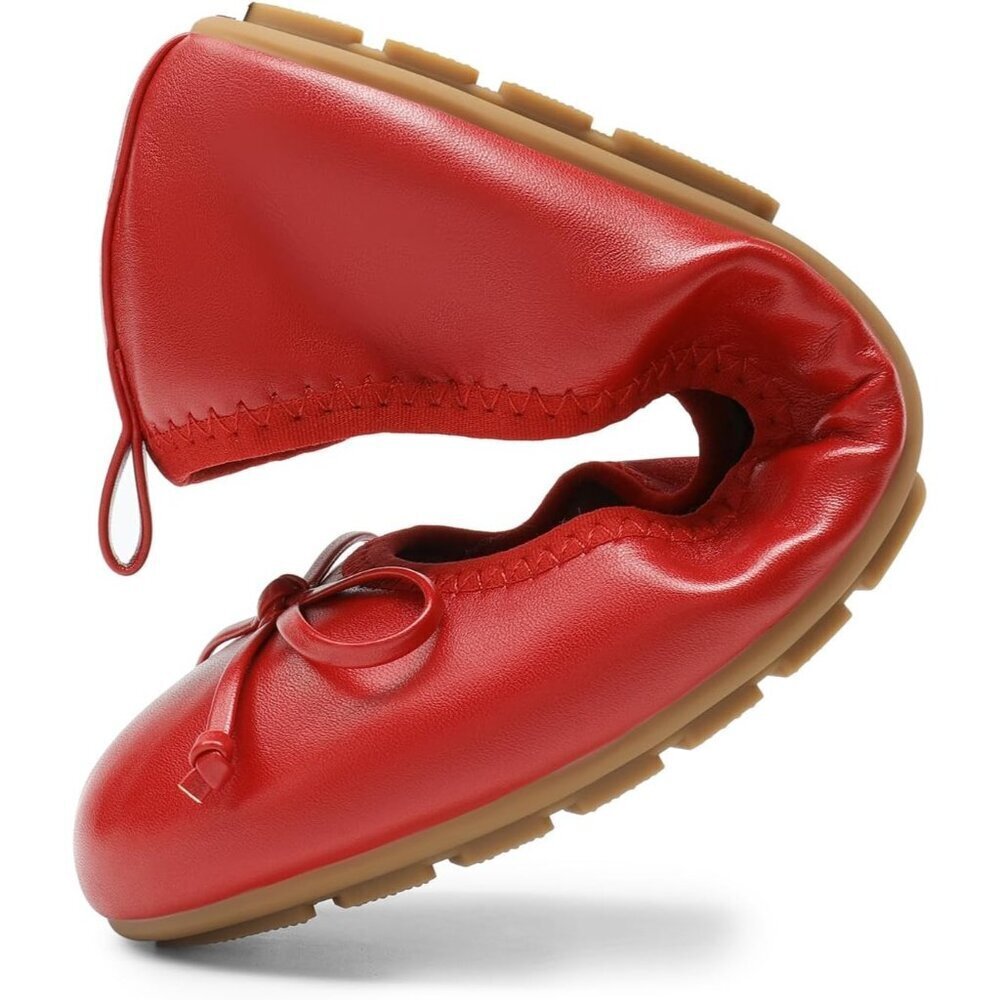 Women's Red Bowknot Round Toe Comfort Light Weight Slip-on Foldable Flats - Picture 6 of 9